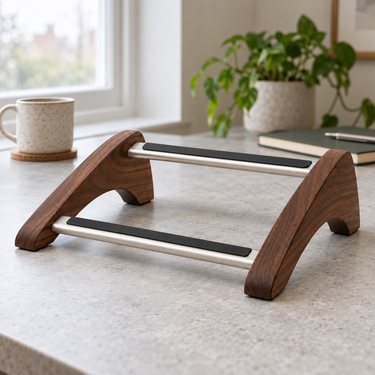 Walnut arch laptop riser on a quiet desk
